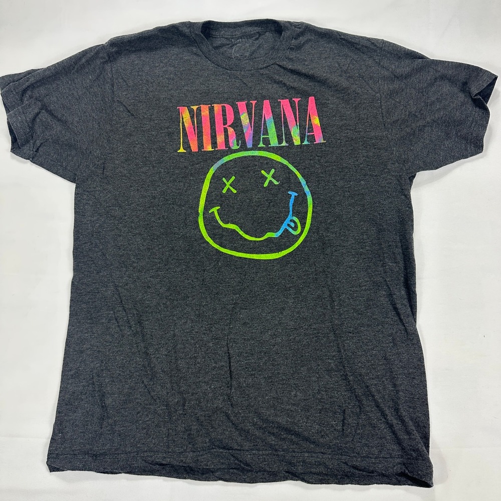 Nirvana‎ Smiley Face T Shirt Tie Dye Graphic Print Dark Gray Short Sleeve